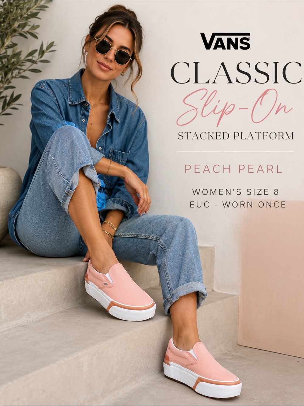 Vans Classic Slip-On Stacked Platform Peach Pink Women’s Size 8 EUC